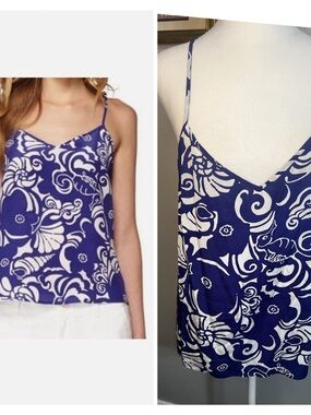 Lilly Pulitzer Silk Dusk Tank Top in Spectrum Blue Tide Pools Print Large v-neck